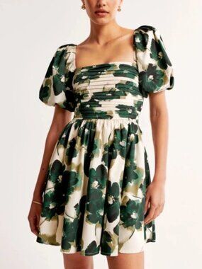 Abercrombie & Fitch Women's Emerson Poplin Puff Sleeve Mini Dress Green & Cream